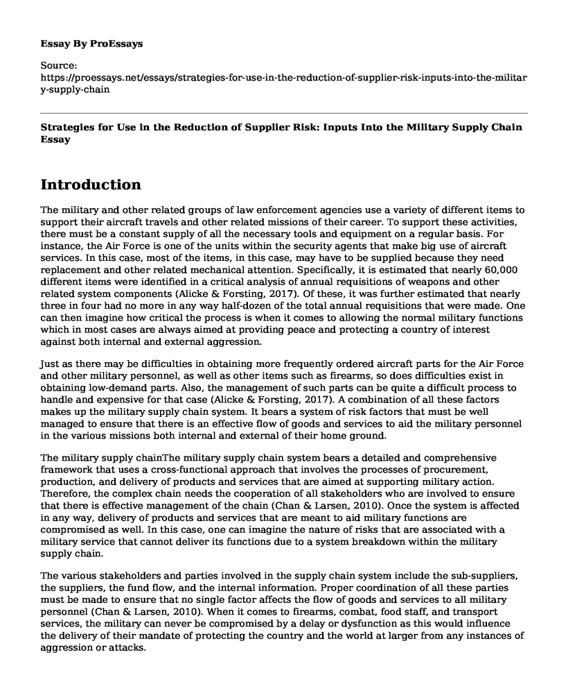 Strategies for Use in the Reduction of Supplier Risk: Inputs Into the Military Supply Chain