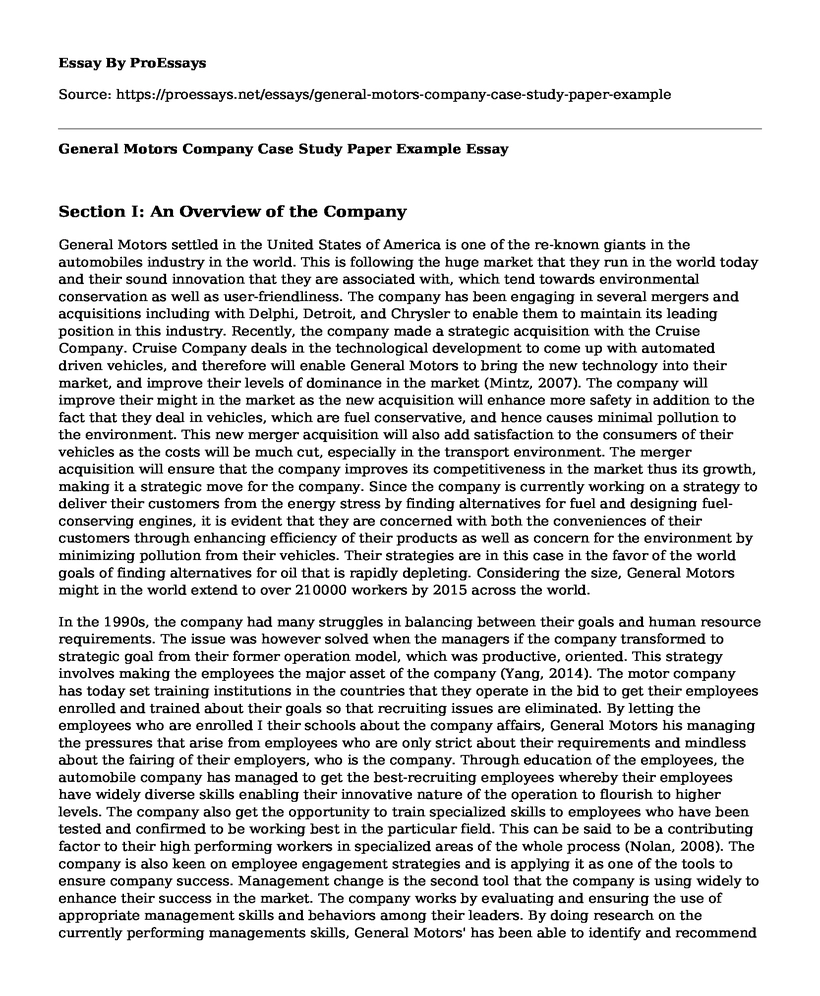 General Motors Company Case Study Paper Example