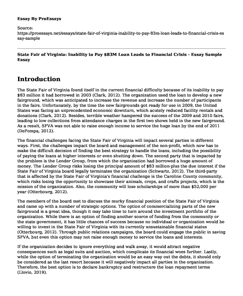 State Fair of Virginia: Inability to Pay $83M Loan Leads to Financial Crisis - Essay Sample