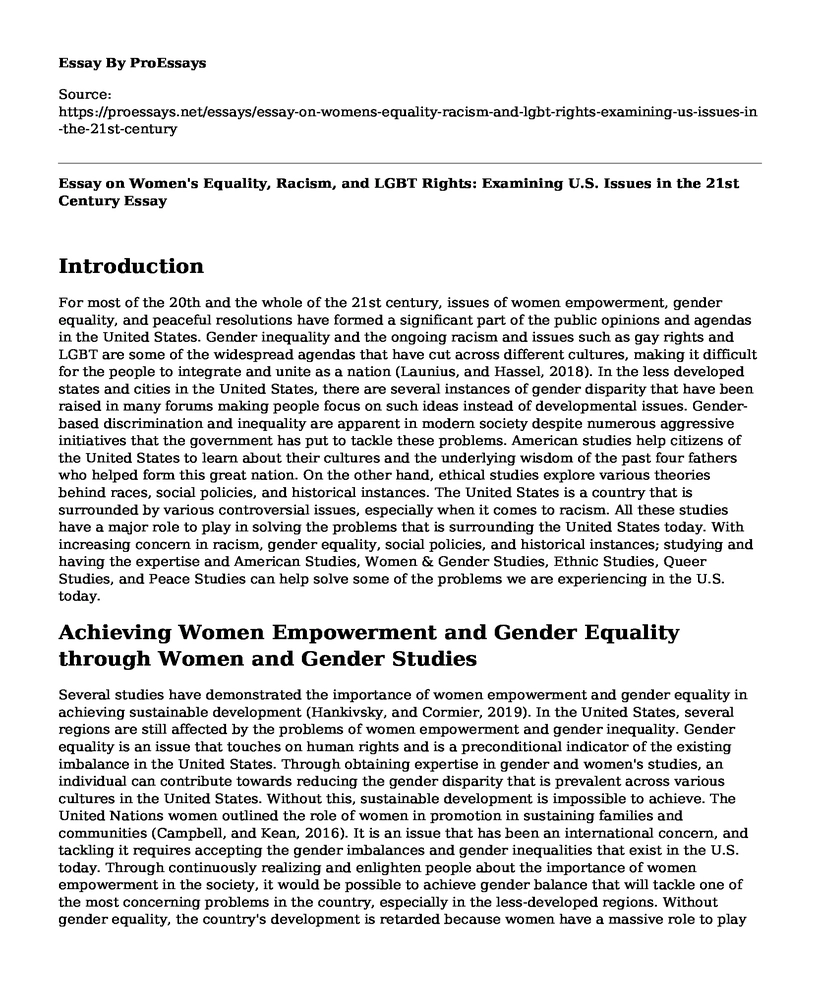 Essay on Women's Equality, Racism, and LGBT Rights: Examining U.S. Issues in the 21st Century