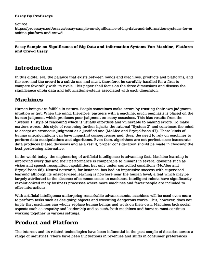 Essay Sample on Significance of Big Data and Information Systems For: Machine, Platform and Crowd