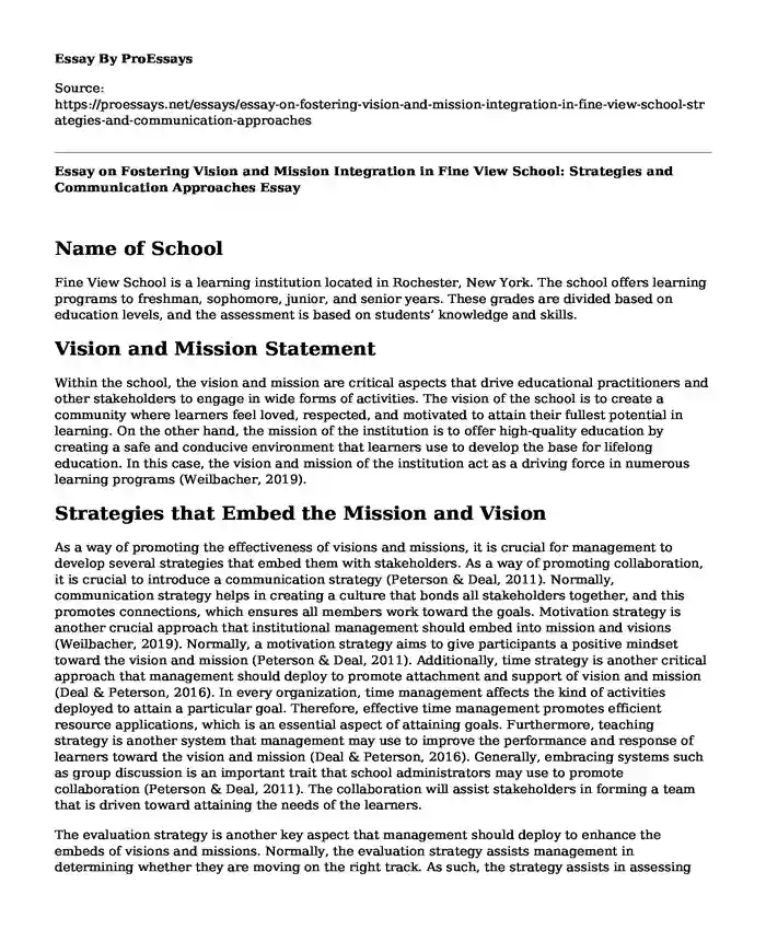 Essay on Fostering Vision and Mission Integration in Fine View School: Strategies and Communication Approaches