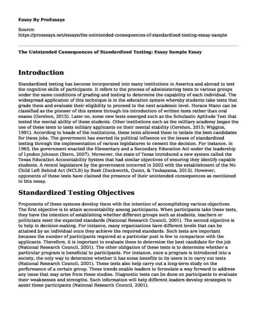 The Unintended Consequences of Standardized Testing: Essay Sample