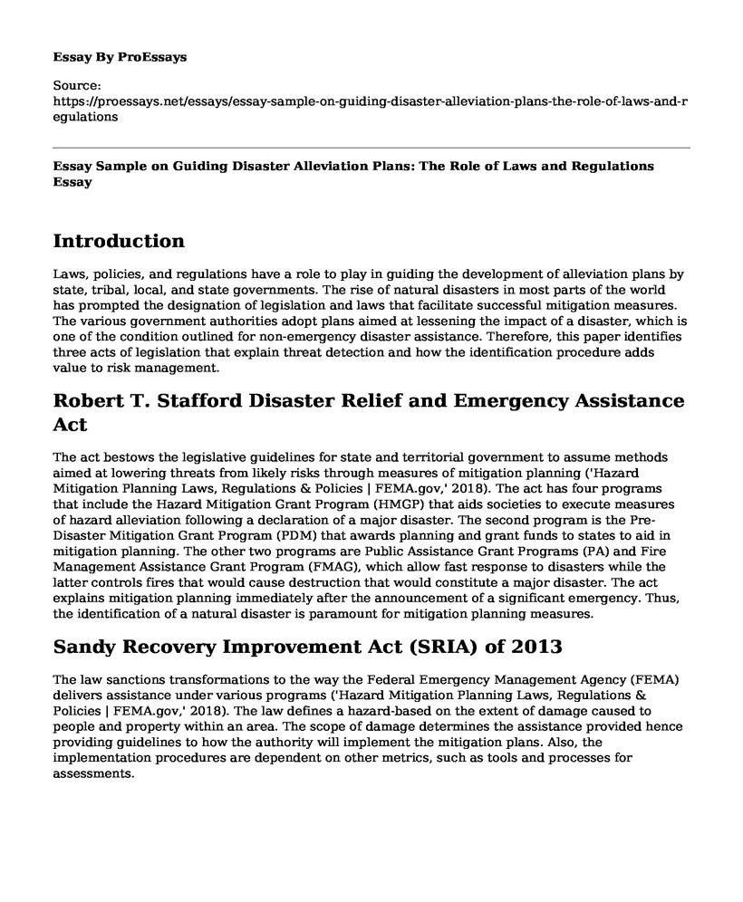 Essay Sample on Guiding Disaster Alleviation Plans: The Role of Laws and Regulations