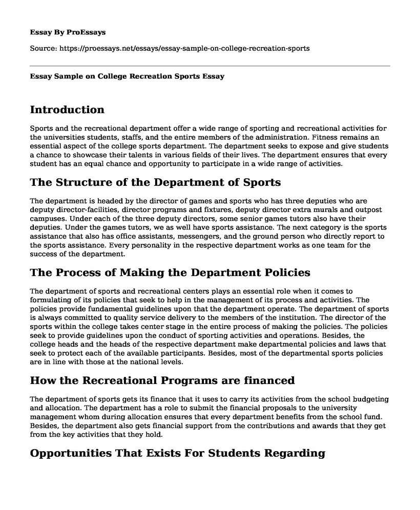 Essay Sample on College Recreation Sports