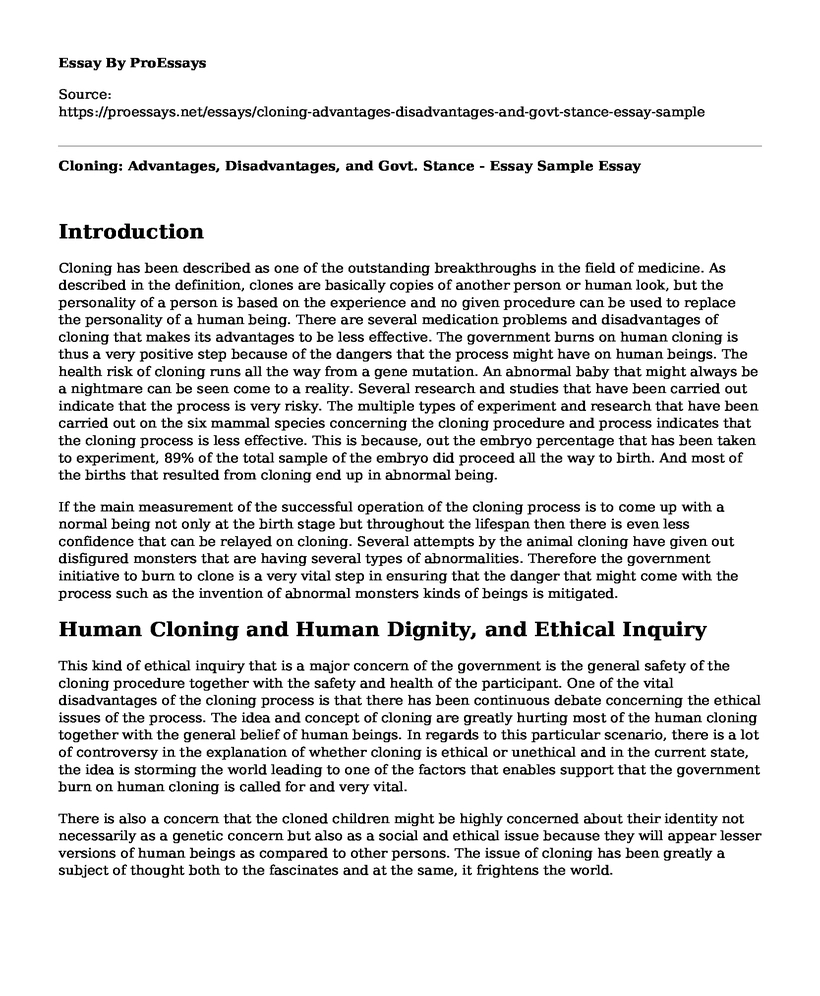 Cloning: Advantages, Disadvantages, and Govt. Stance - Essay Sample