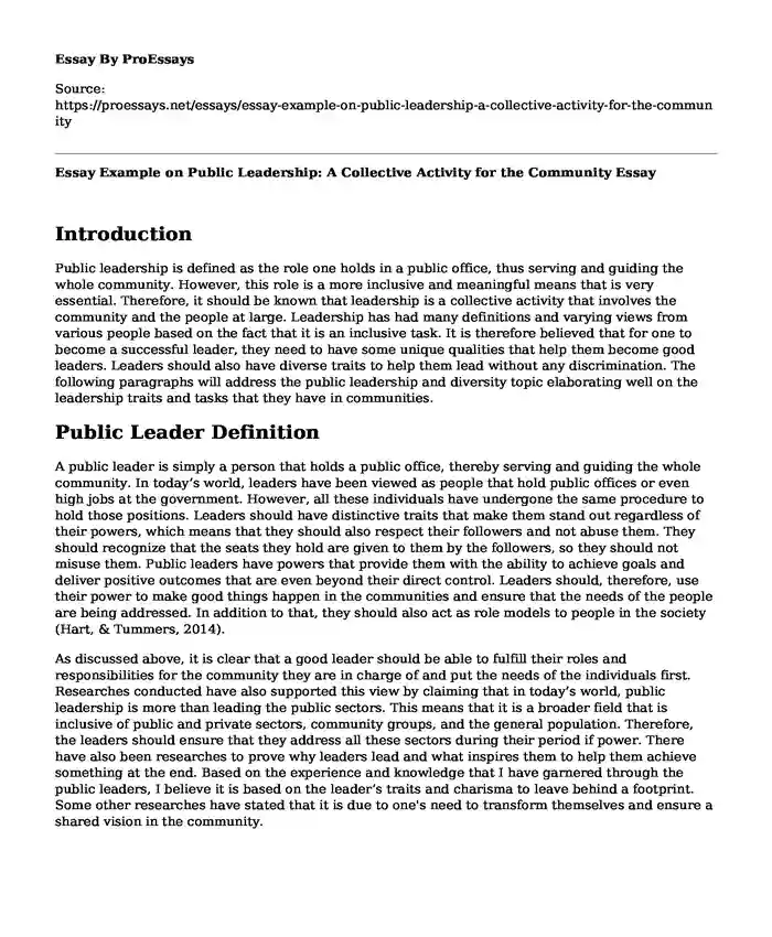 Essay Example on  Public Leadership: A Collective Activity for the Community