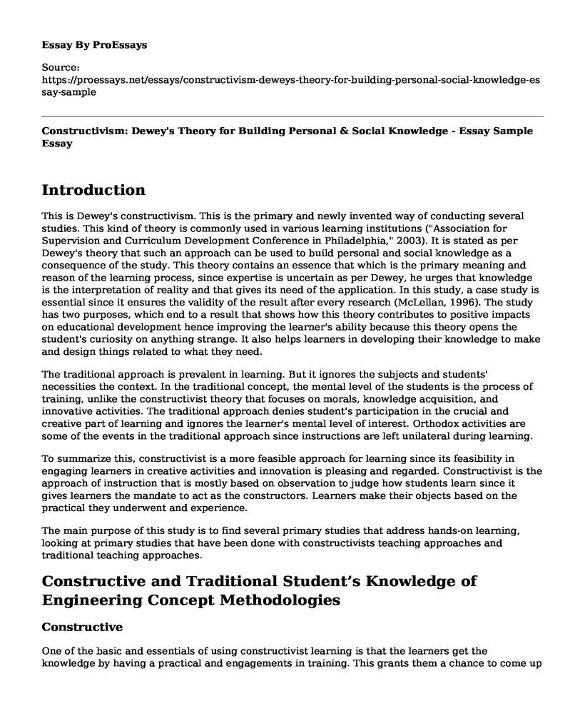 Constructivism: Dewey's Theory for Building Personal & Social Knowledge - Essay Sample