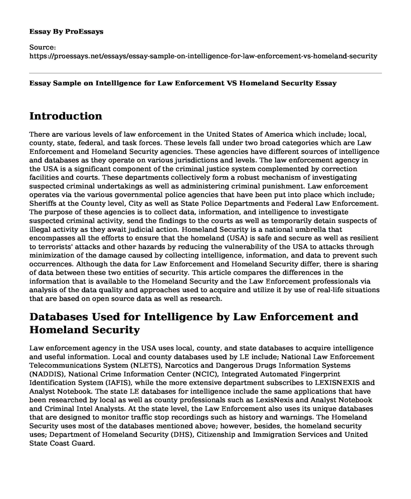 Essay Sample on Intelligence for Law Enforcement VS Homeland Security