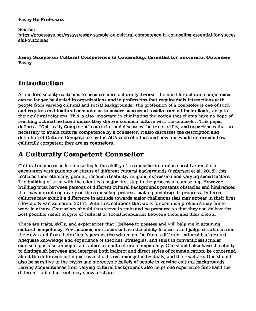 Essay Sample on Cultural Competence in Counseling: Essential for Successful Outcomes