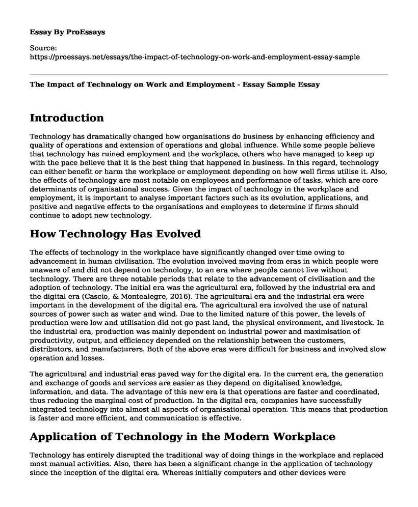 The Impact of Technology on Work and Employment - Essay Sample