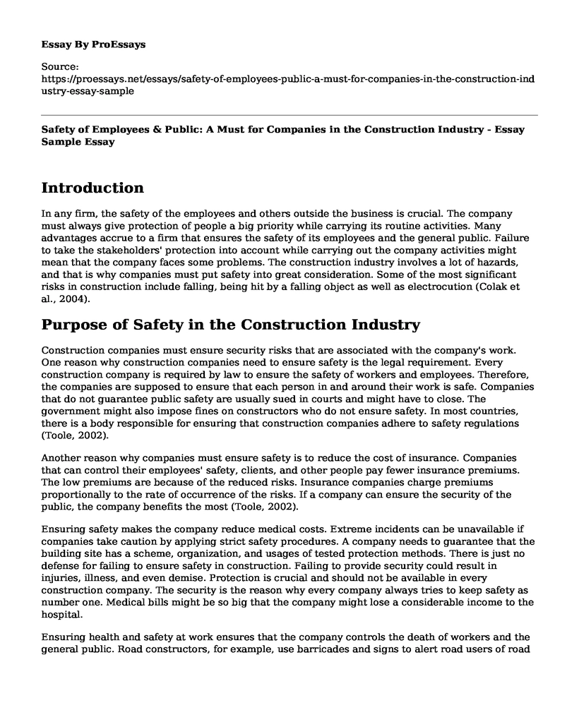 Safety of Employees & Public: A Must for Companies in the Construction Industry - Essay Sample
