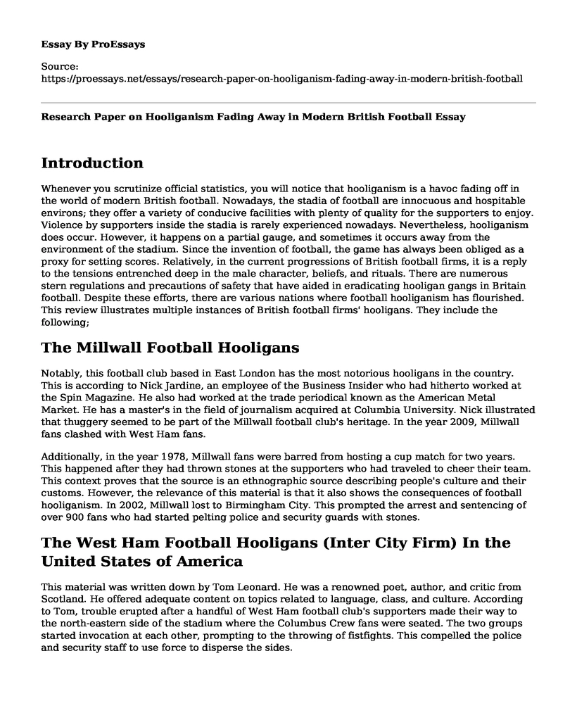 Research Paper on Hooliganism Fading Away in Modern British Football