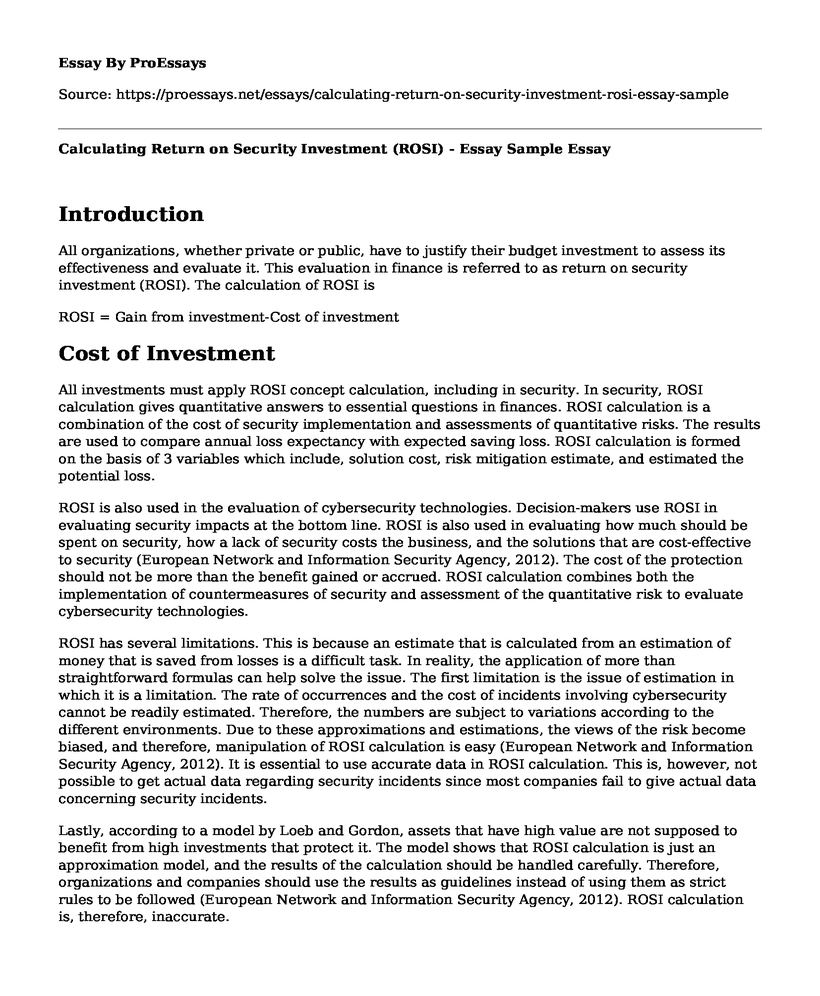 Calculating Return on Security Investment (ROSI) - Essay Sample