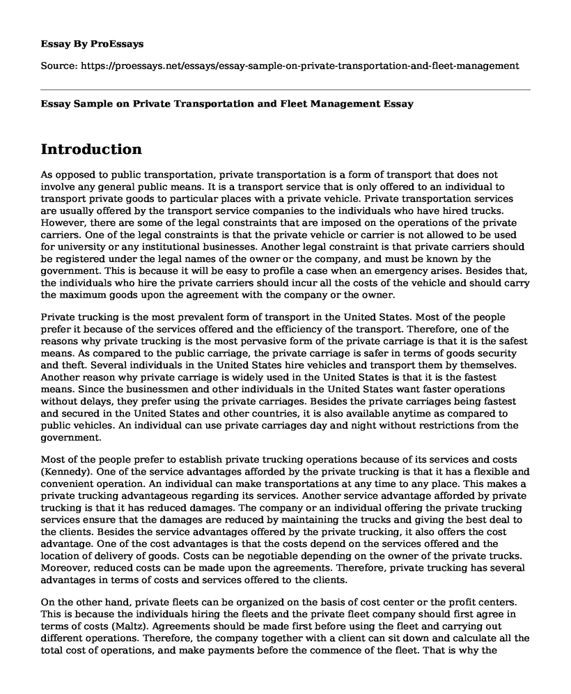 Essay Sample on Private Transportation and Fleet Management