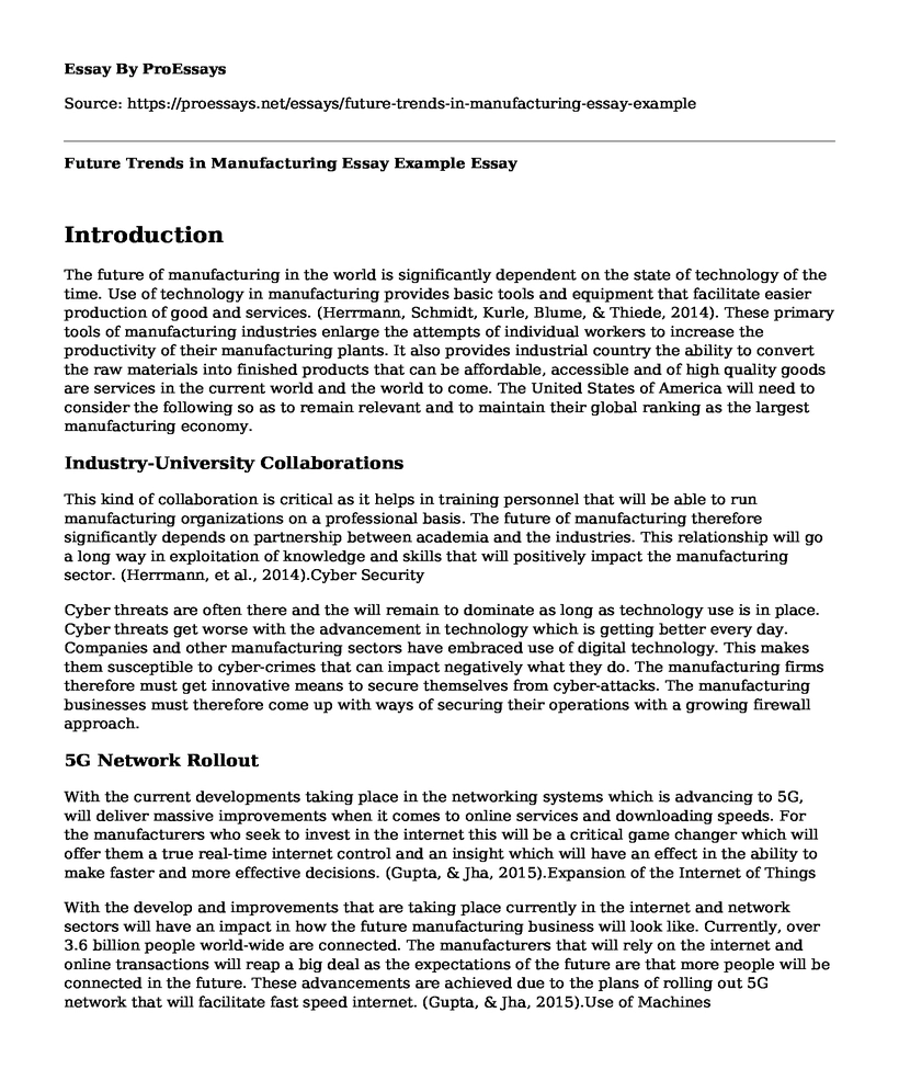 Future Trends in Manufacturing Essay Example