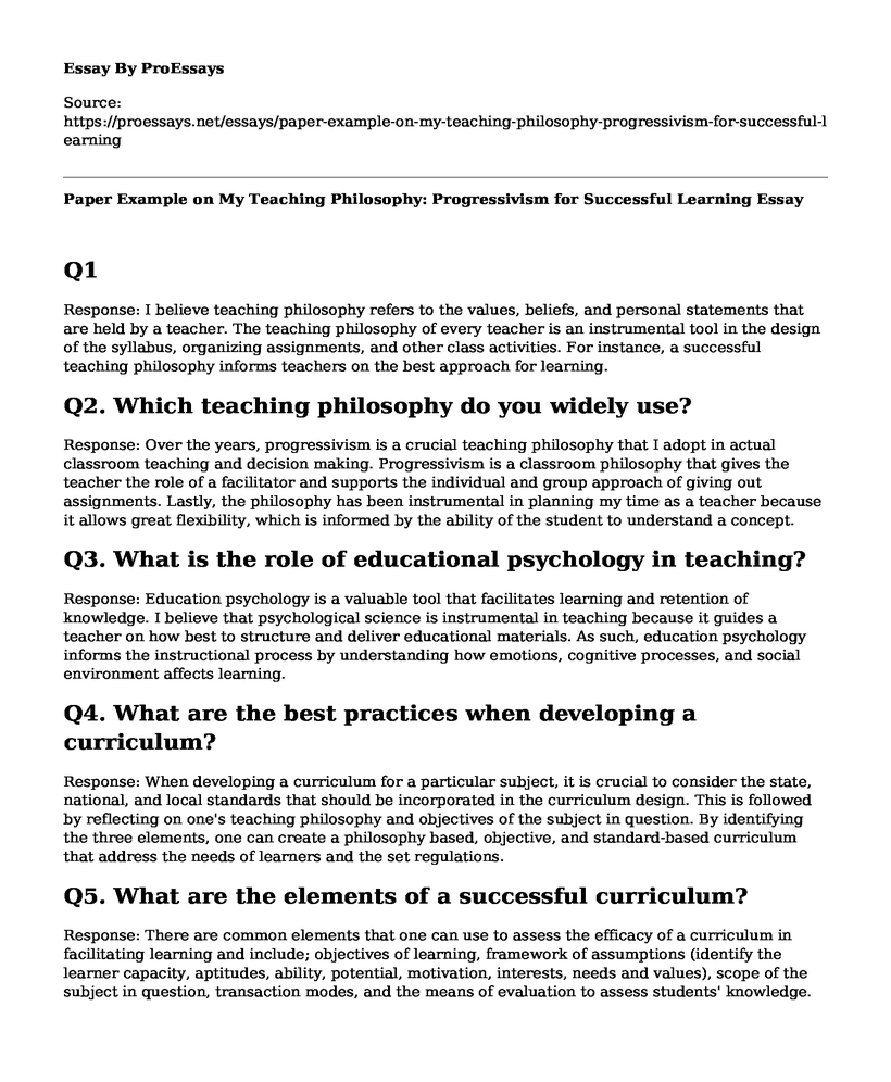Paper Example on My Teaching Philosophy: Progressivism for Successful Learning