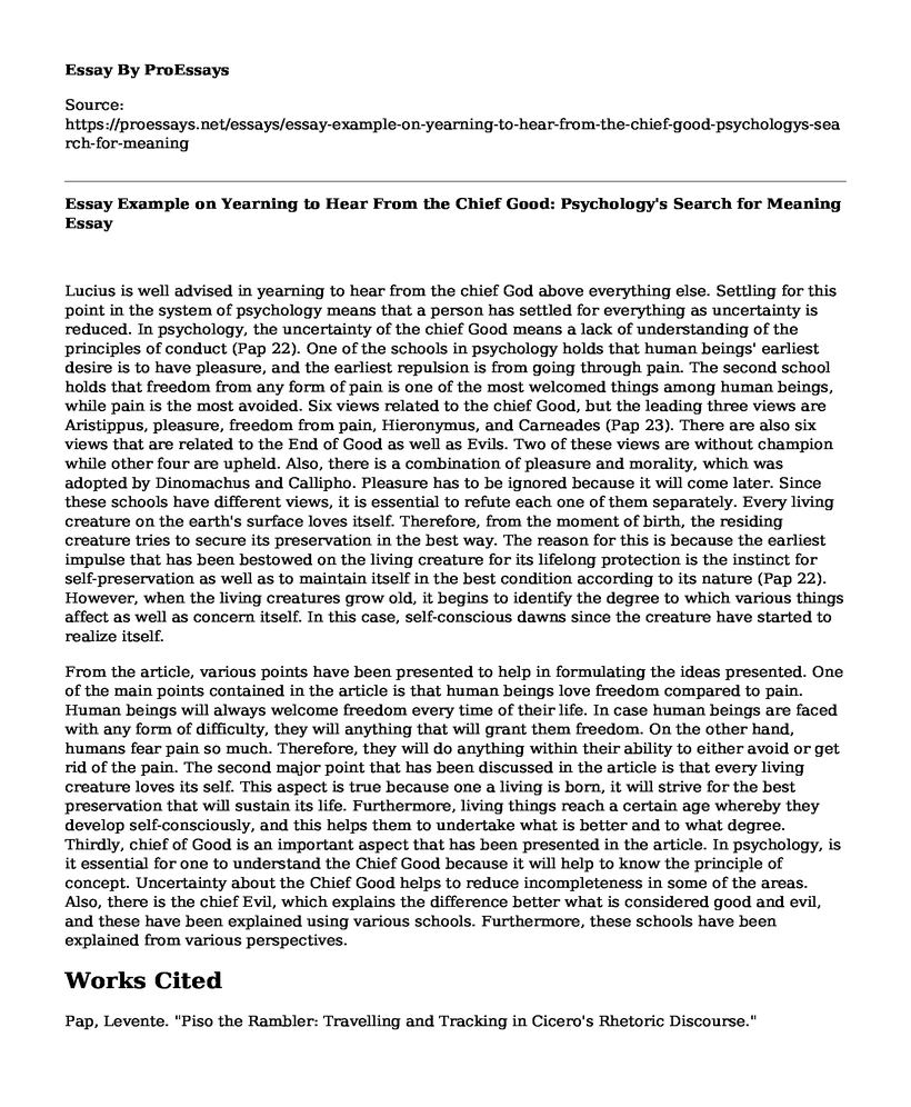 Essay Example on Yearning to Hear From the Chief Good: Psychology's Search for Meaning