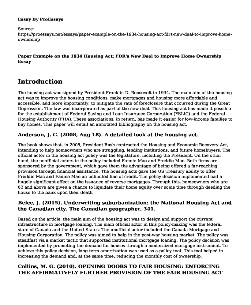 Paper Example on the 1934 Housing Act: FDR's New Deal to Improve Home Ownership