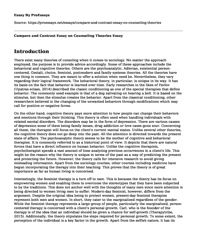 Compare and Contrast Essay on Counseling Theories