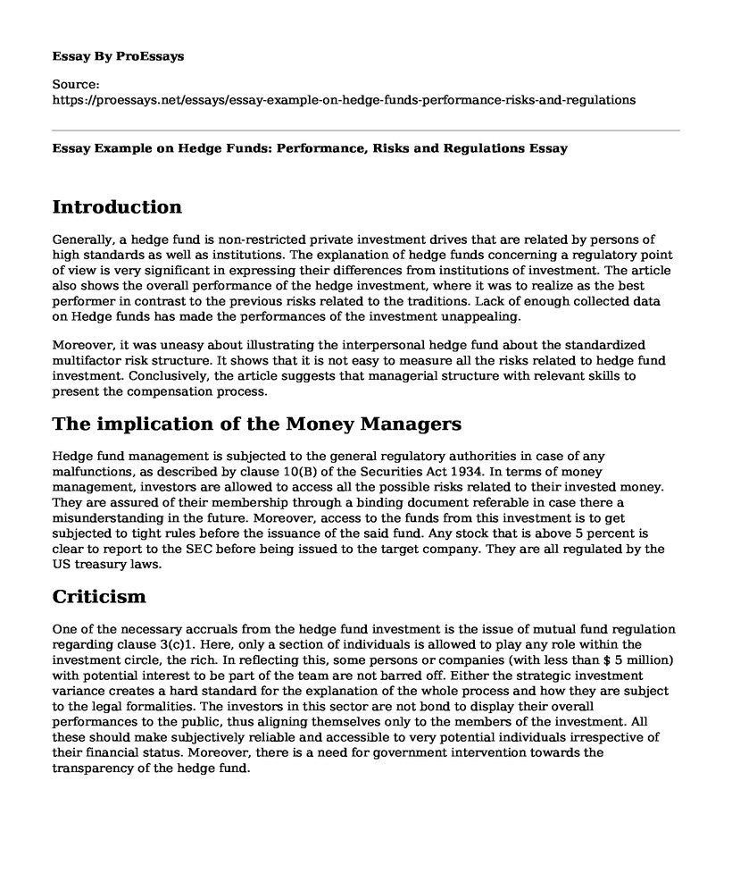 Essay Example on Hedge Funds: Performance, Risks and Regulations