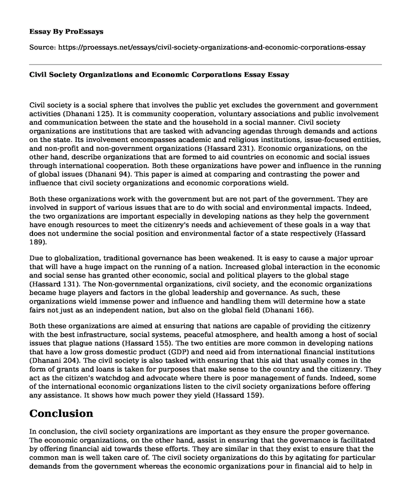 Civil Society Organizations and Economic Corporations Essay