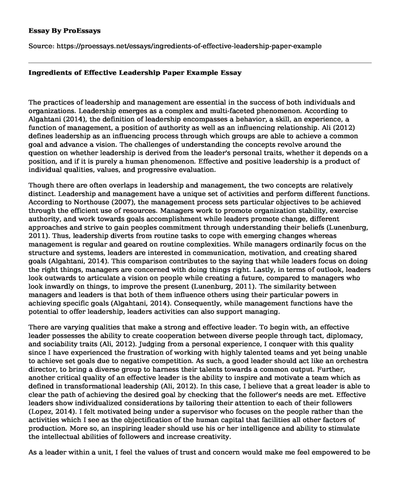 Ingredients of Effective Leadership Paper Example