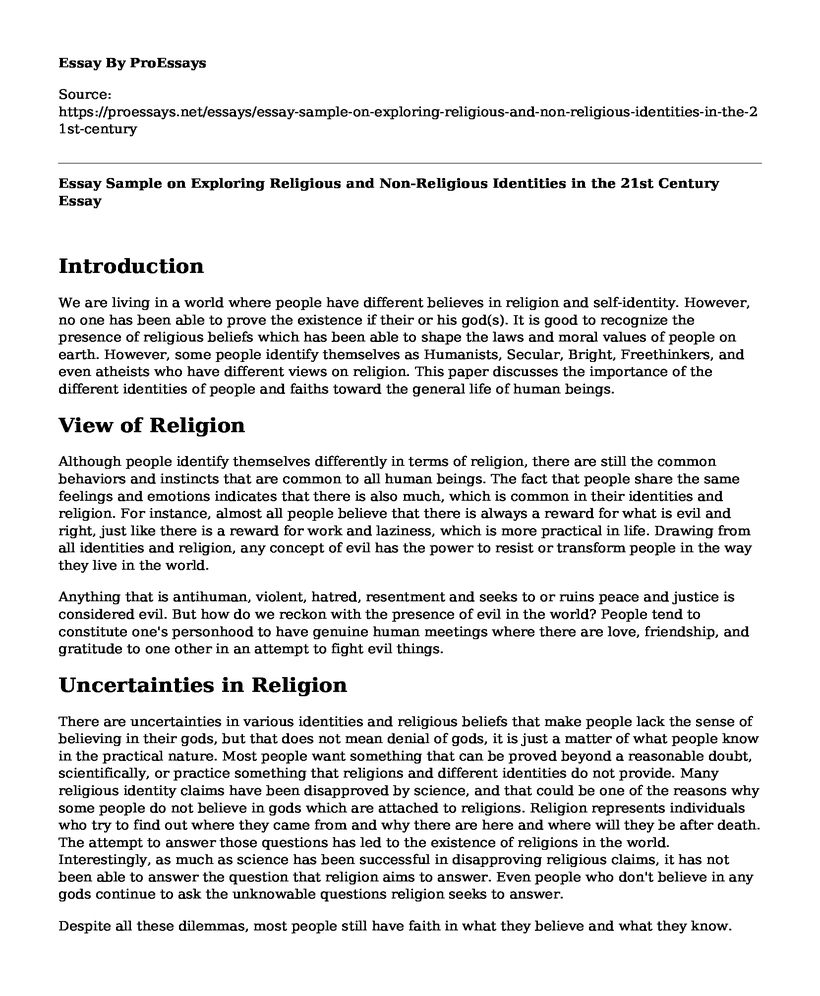 Essay Sample on Exploring Religious and Non-Religious Identities in the 21st Century