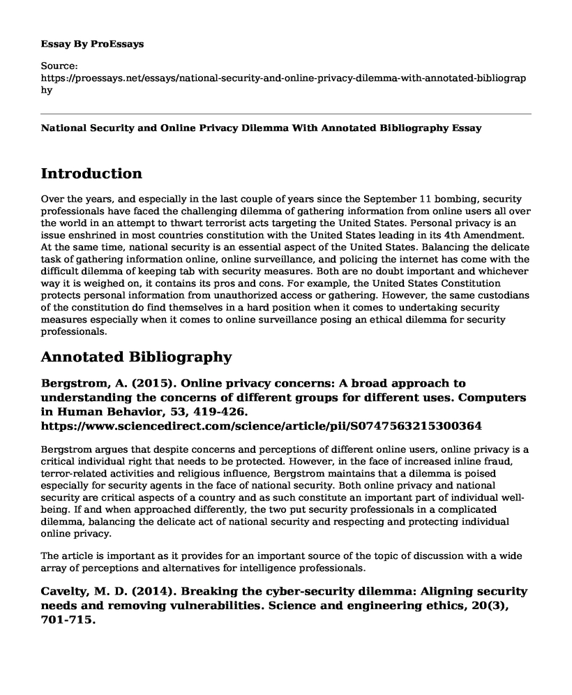 National Security and Online Privacy Dilemma With Annotated Bibliography