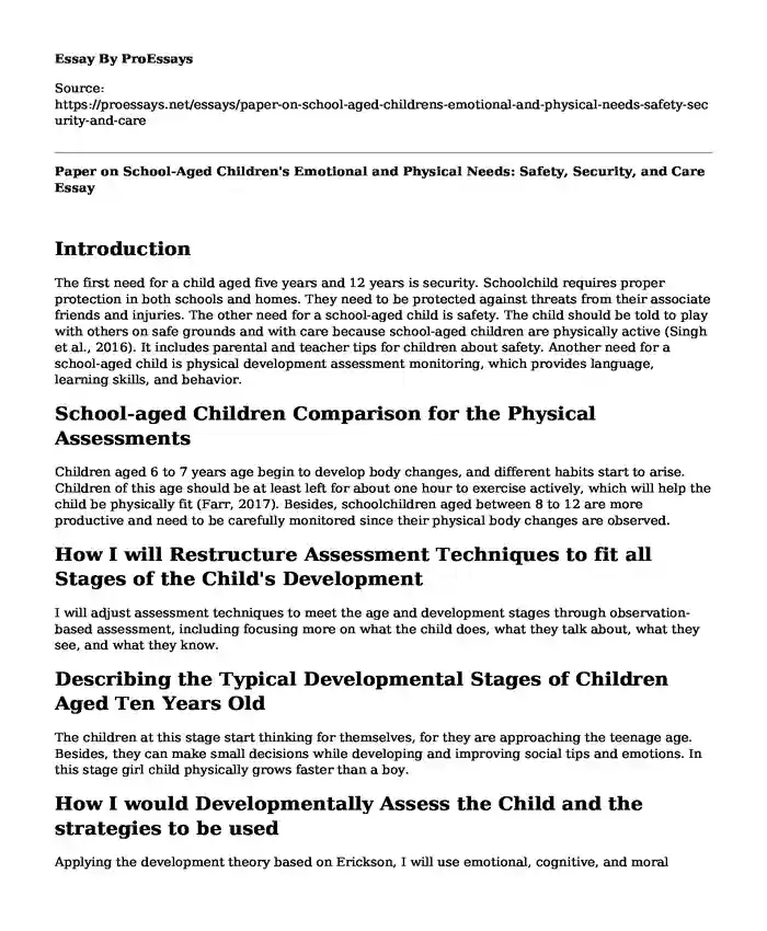 Paper on School-Aged Children's Emotional and Physical Needs: Safety, Security, and Care