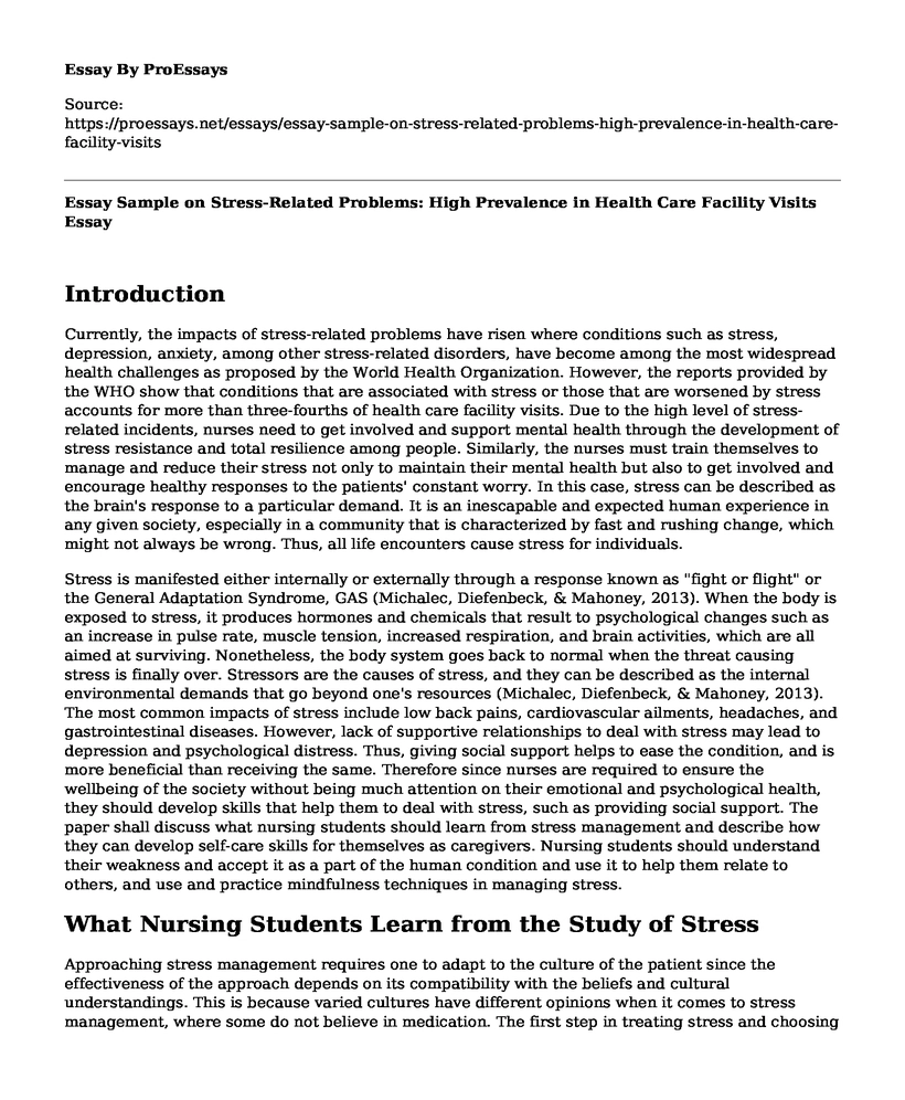 Essay Sample on Stress-Related Problems: High Prevalence in Health Care Facility Visits