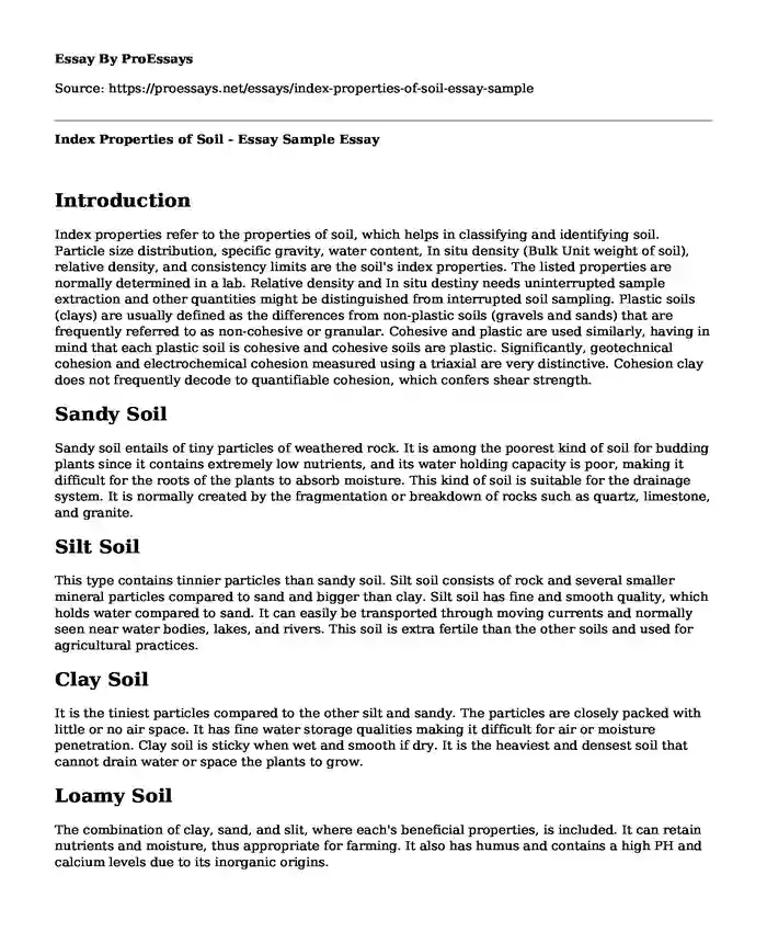 Index Properties of Soil - Essay Sample