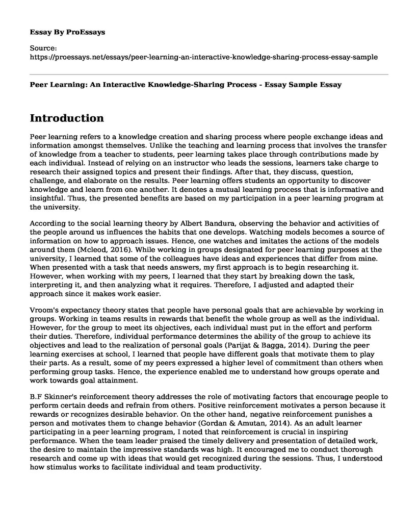 Peer Learning: An Interactive Knowledge-Sharing Process - Essay Sample