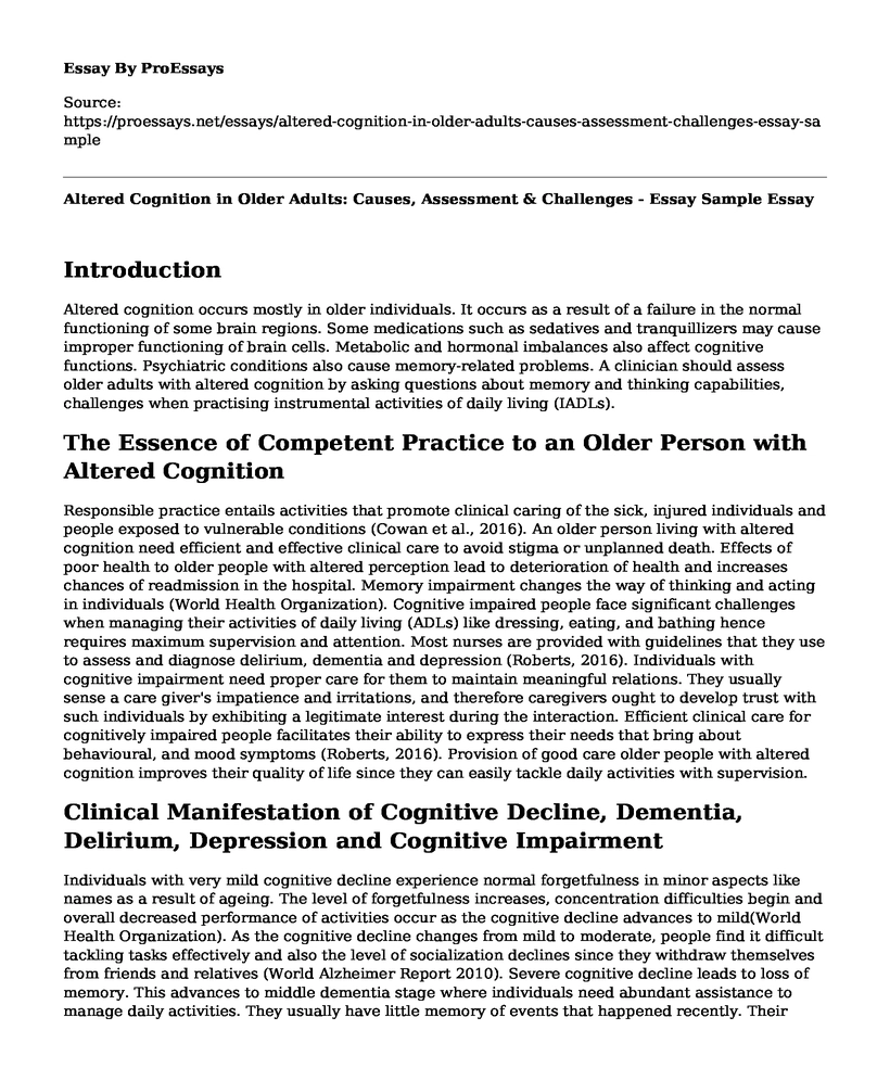 Altered Cognition in Older Adults: Causes, Assessment & Challenges - Essay Sample