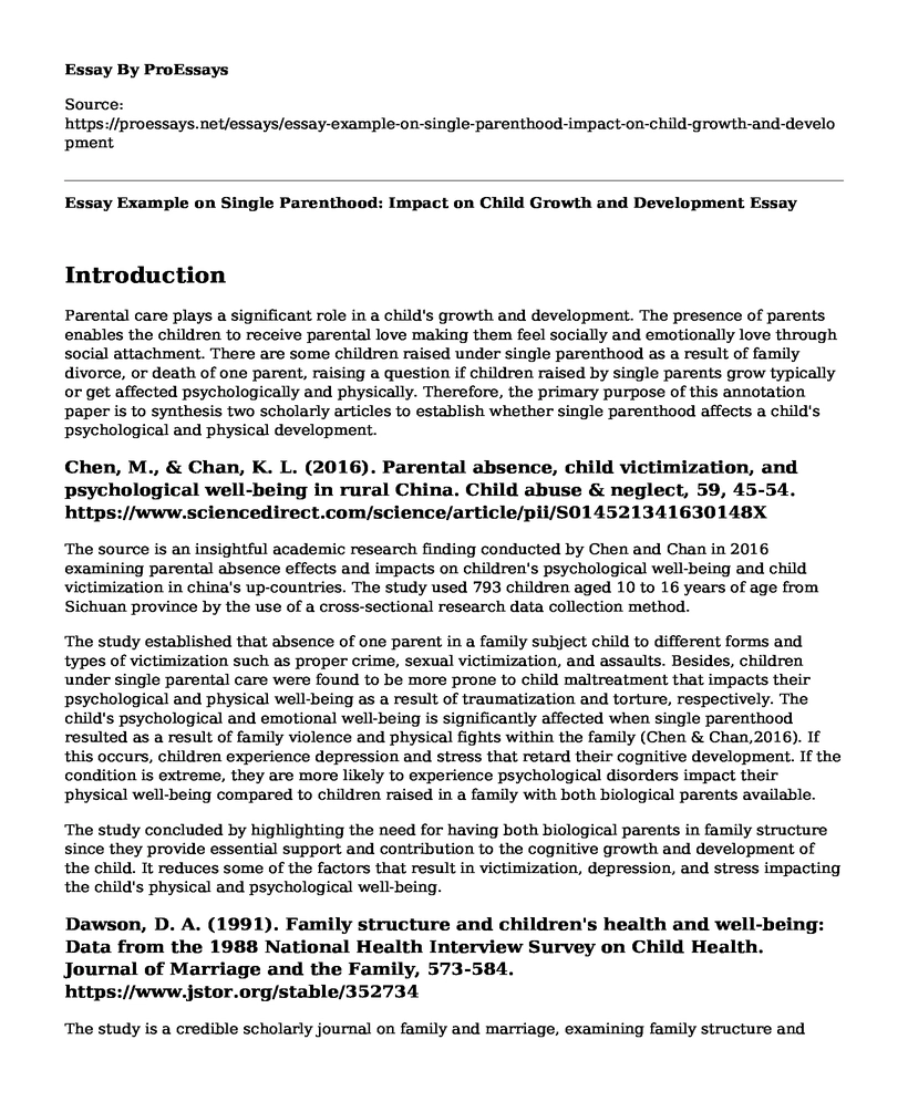 Essay Example on Single Parenthood: Impact on Child Growth and Development