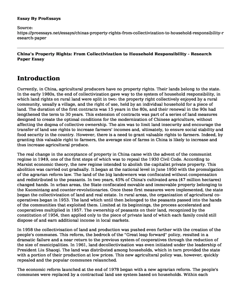 China's Property Rights: From Collectivization to Household Responsibility - Research Paper