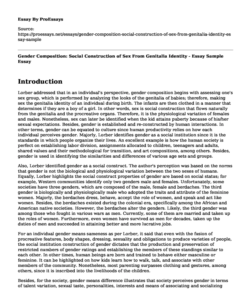 Gender Composition: Social Construction of Sex From Genitalia Identity - Essay Sample