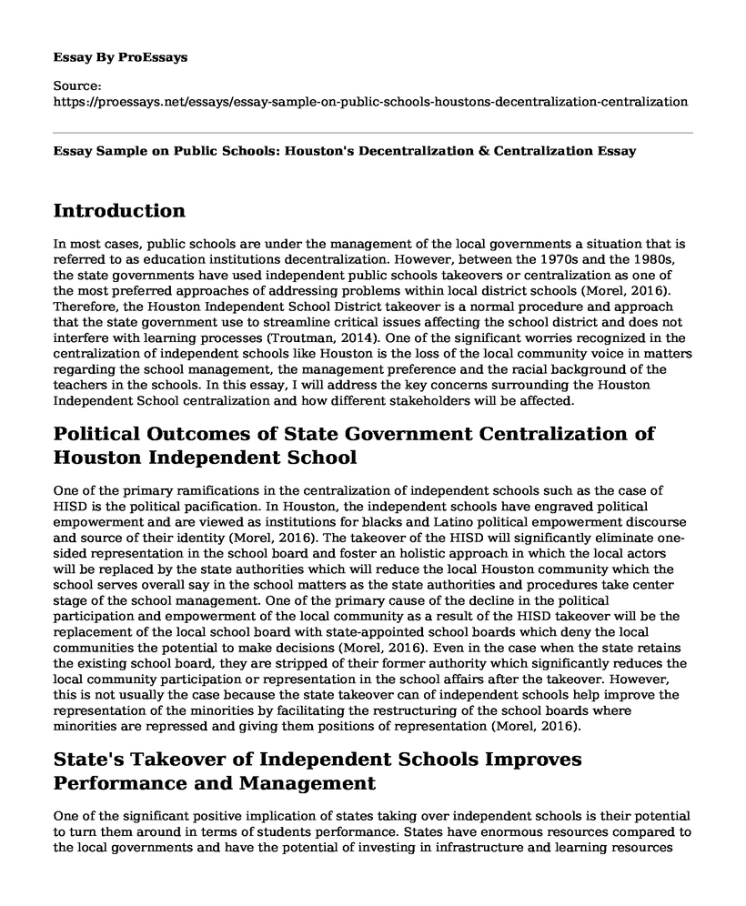 Essay Sample on Public Schools: Houston's Decentralization & Centralization