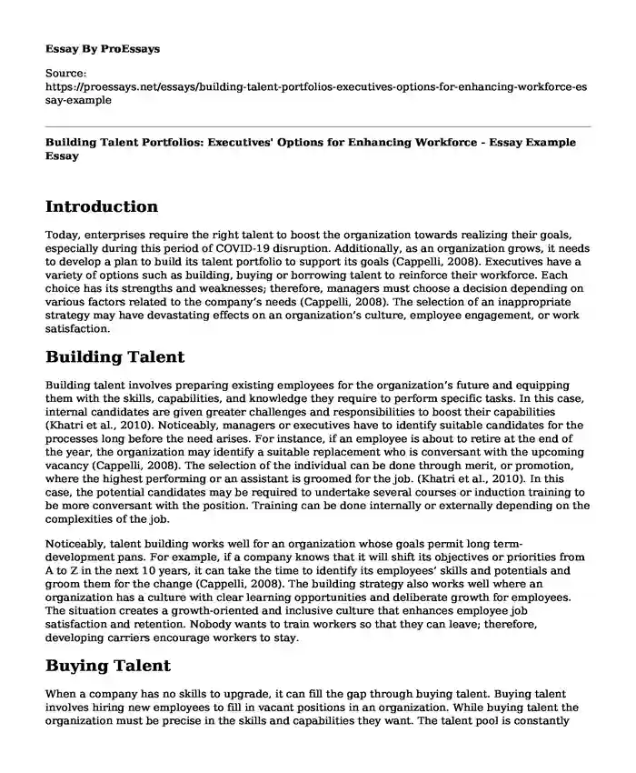Building Talent Portfolios: Executives' Options for Enhancing Workforce - Essay Example