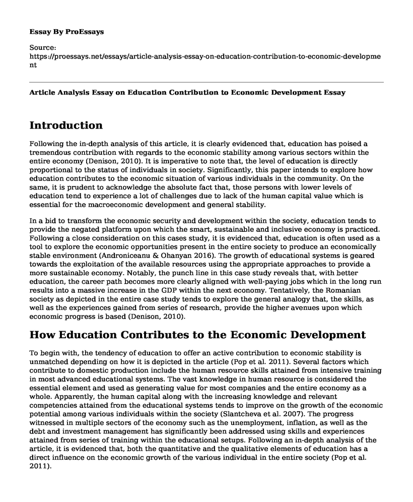 Article Analysis Essay on Education Contribution to Economic Development