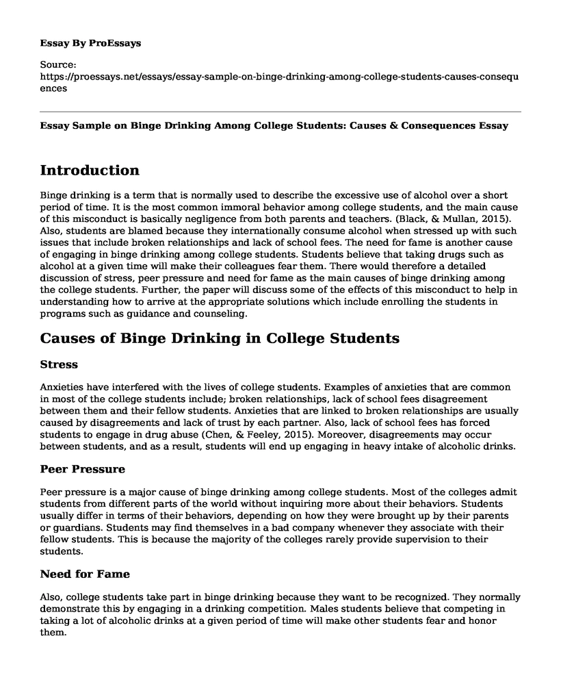 Essay Sample on Binge Drinking Among College Students: Causes & Consequences