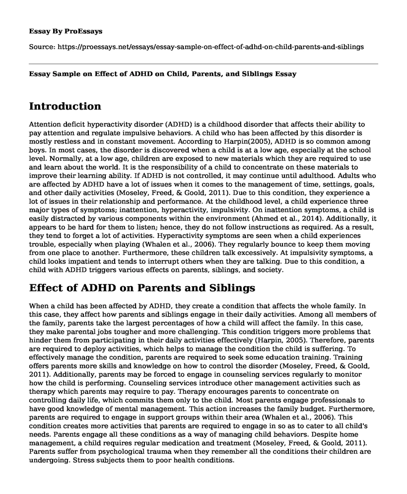 Essay Sample on Effect of ADHD on Child, Parents, and Siblings