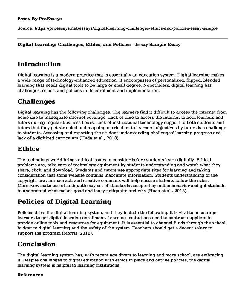 Digital Learning: Challenges, Ethics, and Policies - Essay Sample