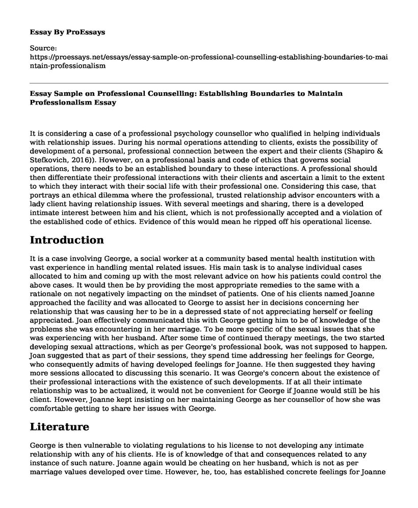 Essay Sample on Professional Counselling: Establishing Boundaries to Maintain Professionalism