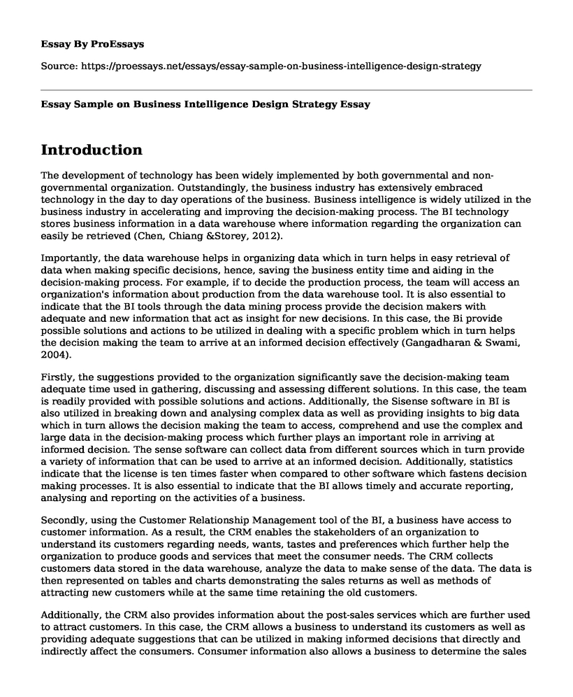 Essay Sample on Business Intelligence Design Strategy