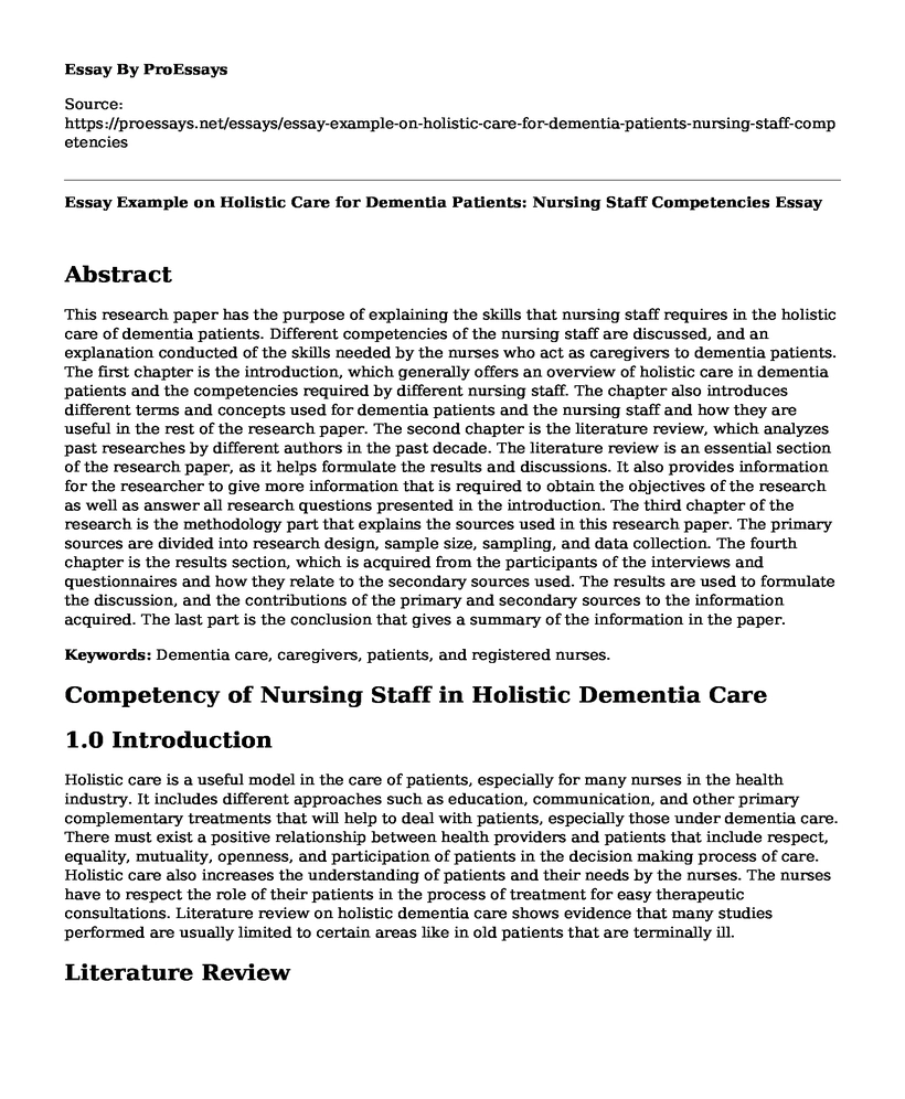Essay Example on Holistic Care for Dementia Patients: Nursing Staff Competencies