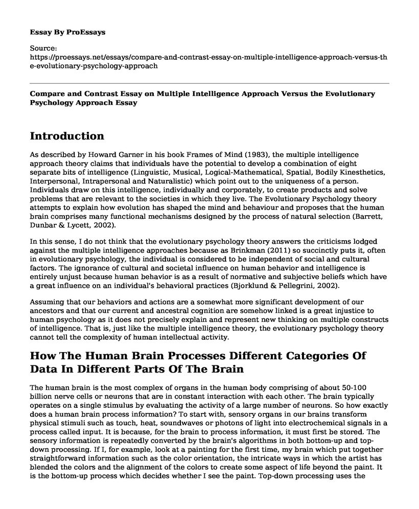 Compare and Contrast Essay on Multiple Intelligence Approach Versus the Evolutionary Psychology Approach