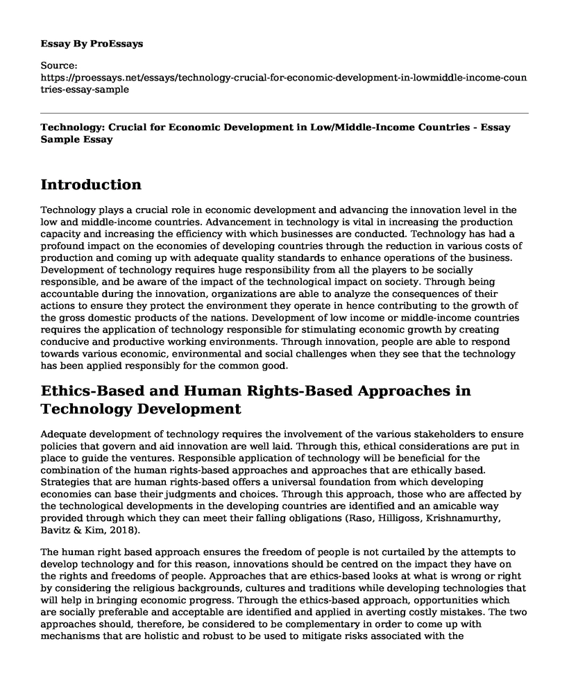 Technology: Crucial for Economic Development in Low/Middle-Income Countries - Essay Sample