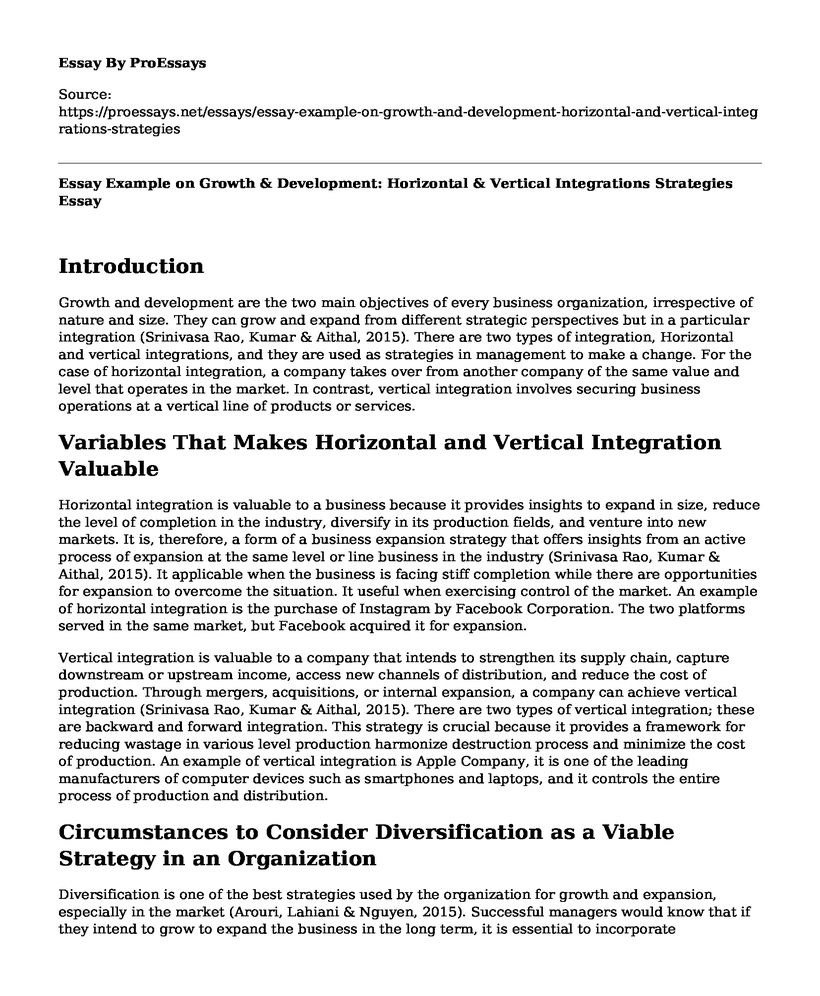 Essay Example on Growth & Development: Horizontal & Vertical Integrations Strategies