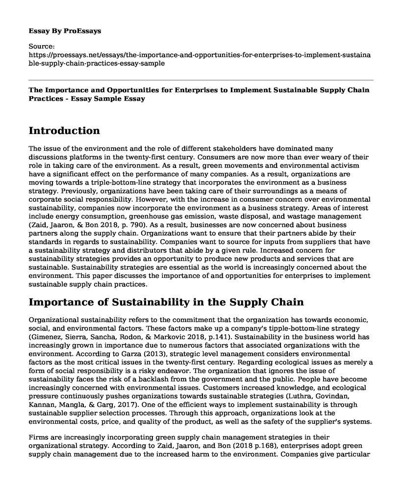 The Importance and Opportunities for Enterprises to Implement Sustainable Supply Chain Practices - Essay Sample